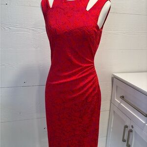 Cache Coral & Fuchsia Ruched Bodycon Midi Dress Size 6 | Cocktail Party